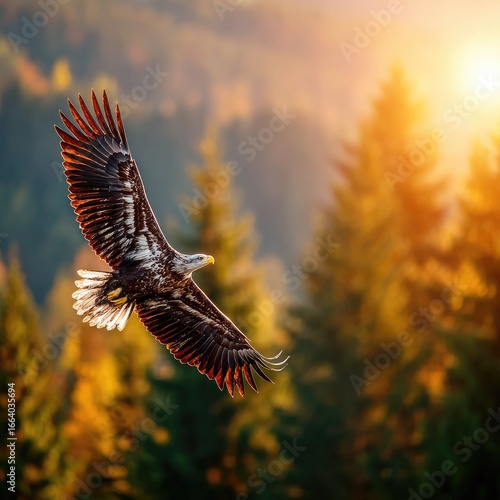 Majestic bald eagle soaring through golden autumn forest.