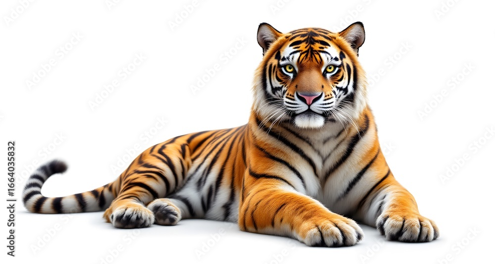 Obraz premium Majestic Bengal Tiger Resting Proudly Against a Clean White Background