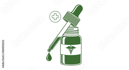 Green medical treatment bottle with dropper illustration offers a health concept
