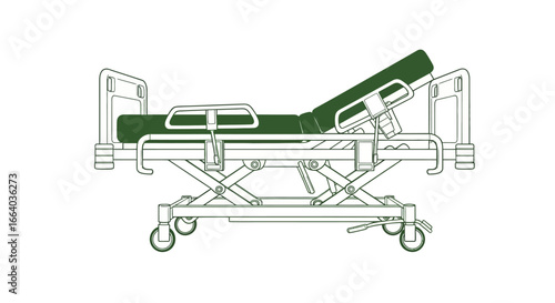Detailed medical stretcher illustration showcasing adjustable features and mobility design