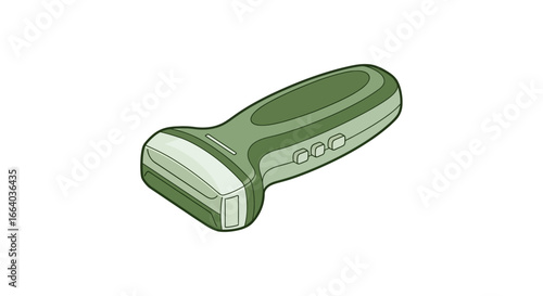 Olive-toned handheld shaving device illustration on a stark white backdrop for cleanliness