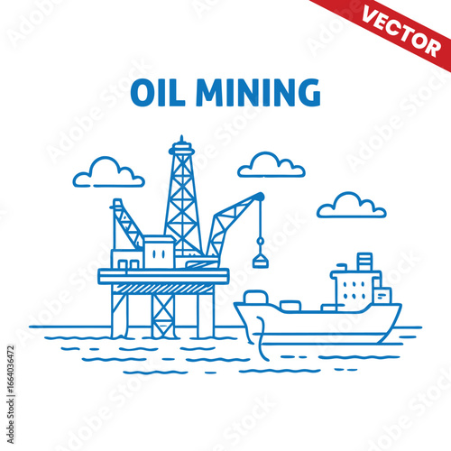 Offshore Oil Mining Platform and Transport Ship Outline Graphic Illustration