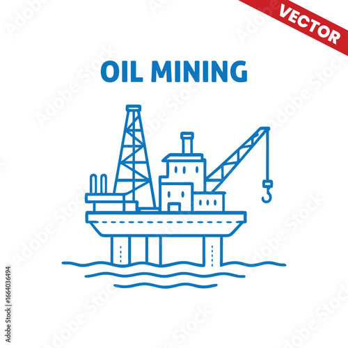 Outline Graphic Illustration of Offshore Oil Mining Process, Rig, Crane, and Oil Extraction in Blue Line Art