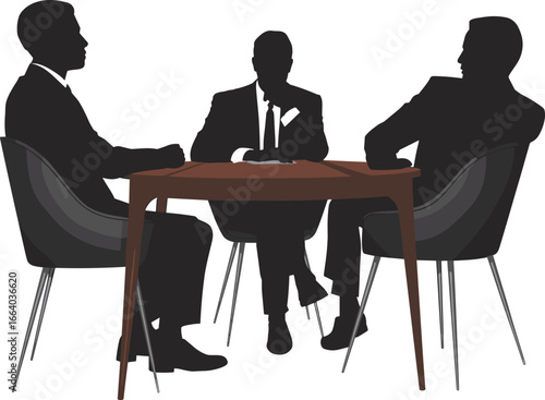 Business meeting silhouette, three men in suits, professional discussion illustration, corporate teamwork concept, office communication, negotiation strategy, leadership and management design