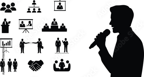 Business presentation icons, corporate meeting silhouette, public speaking concept, teamwork communication, conference training, professional leadership, seminar discussion, office collaboration
