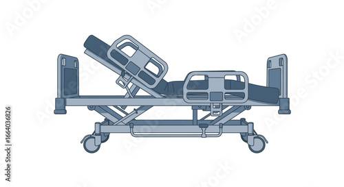 Detailed illustration of an adjustable hospital bed with guardrails and reclining capability