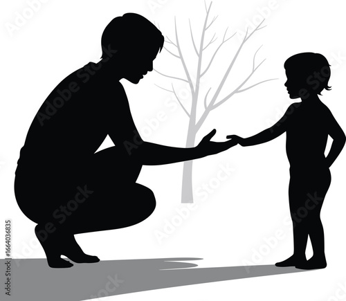 Parent and child silhouette, family connection outdoors, love and trust concept, caring relationship illustration, childhood bonding moment, support, nurturing design