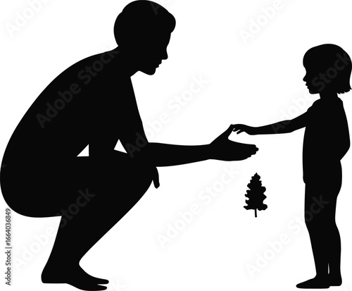 Parent and child silhouette, family connection illustration, caring relationship concept, teaching and support, childhood bonding moment, love, trust, nurturing design