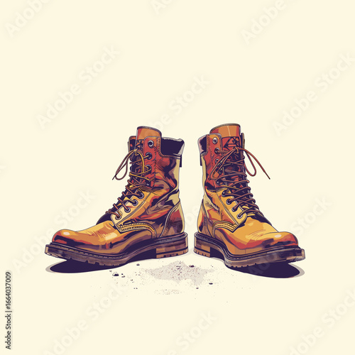 Work boots dirty, worn and stylish on light beige background  