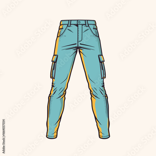 Cargo pants with pockets in blue and yellow color scheme  