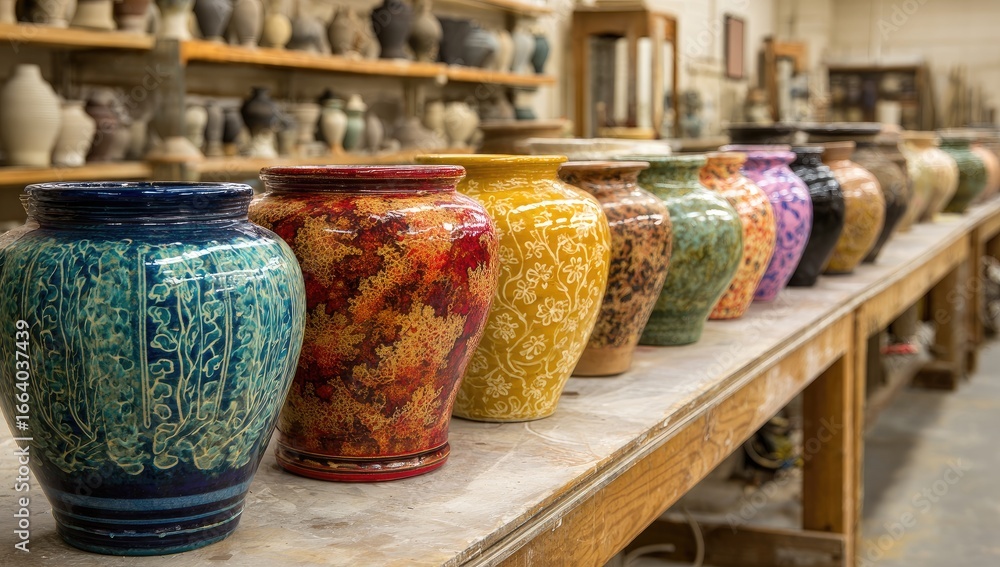 Fototapeta premium Colorful ceramic vases in a studio, various designs and colors