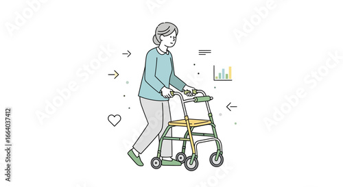 Elderly woman utilizes walker during rehabilitation progress for strength restoration and mobility
