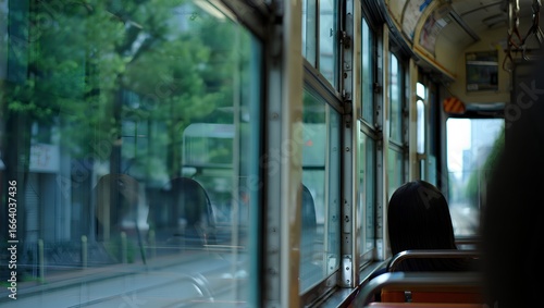 Modern tram interior with lush green boulevard view, sustainable urban mobility