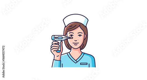 Animated illustration portraying a health professional with a digital thermometer ready for