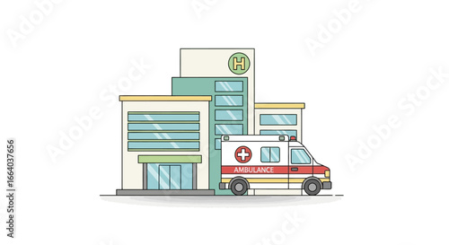 Stylized hospital building with an emergency response ambulance parked nearby, a simplistic