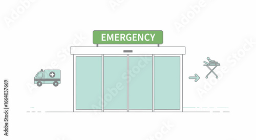 Stylized emergency room entrance, depicting urgency and care in a vector design