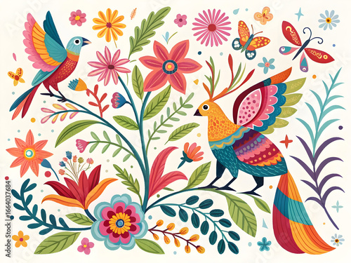 Colorful birds and butterflies surrounded by vibrant flowers and foliage otomi style folk art