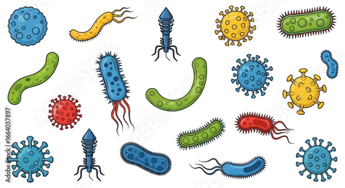 Diverse collection of colorful stylized virus and bacteria pathogens on white background