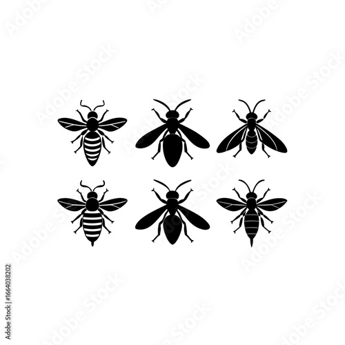 6 different wasp silhouette vector icons set on wh