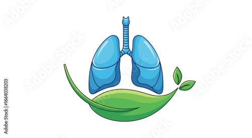 Illustration of healthy lungs supported by a green leaf symbolizing organic health and pulmonary
