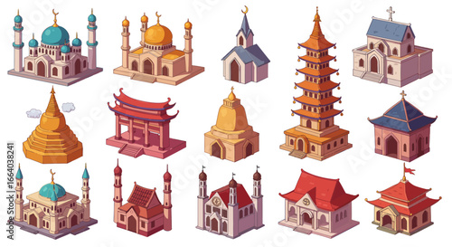 Global Worship Places Vector Icon Set Unique Religious Buildings on White Background