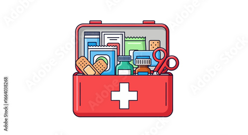 Illustrated first aid kit containing bandages and medical supplies illustration