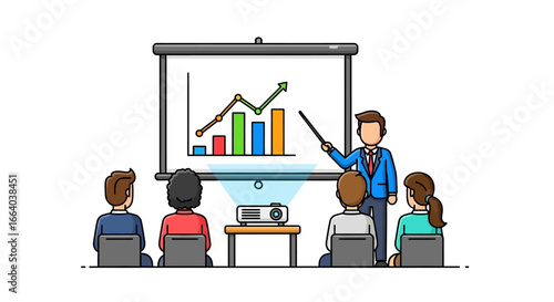 Cartoon Business Presentation with Financial Growth Chart and Audience View Illustration
