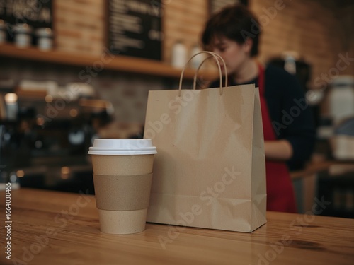 Hot black coffee cup and dessert paper bag on counter in modern coffee shop. food delivery, cafe restaurant, takeaway food, food and drink concept. Ai Generative.