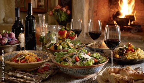 Rustic Italian feast by a roaring fireplace