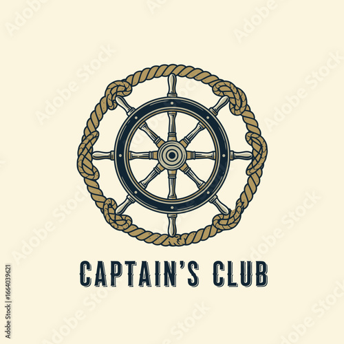 Vintage nautical logo featuring a ship's wheel and rope. Perfect for a captain's club or maritime themed business.
