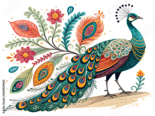 Ornate peacock with vibrant feathers and floral accents image