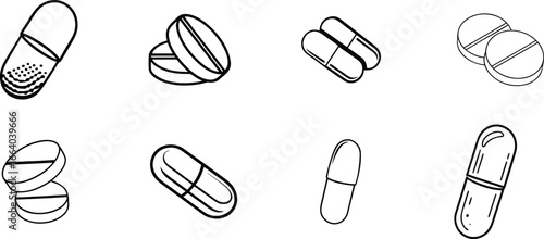 Black and white illustration featuring various types of pharmaceutical drugs and pills.