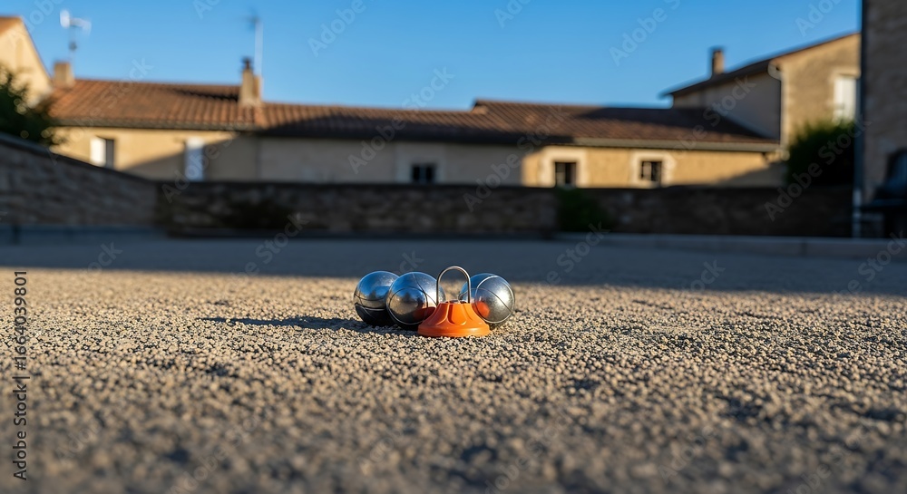 Naklejka premium Steel Boules and Orange Marker on a Gravel Pitch in Warm Sunlight