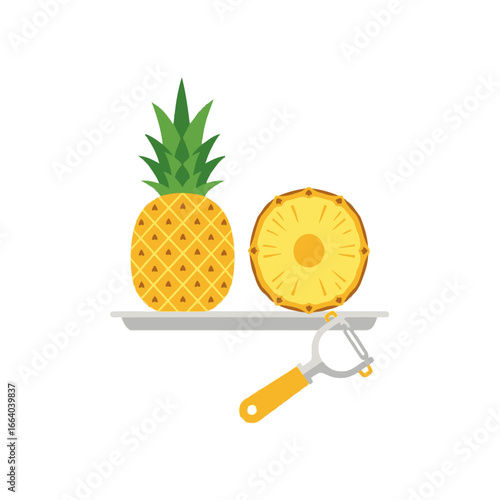 A whole pineapple and a sliced one on a tray with a peeler.