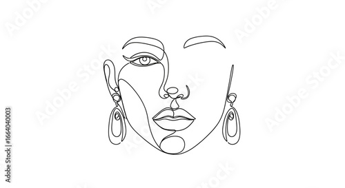 Minimalist linear artwork exhibiting a woman's face with sophisticated jewelry