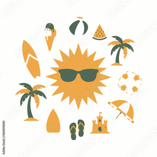 A vibrant summer illustration featuring beach elements.