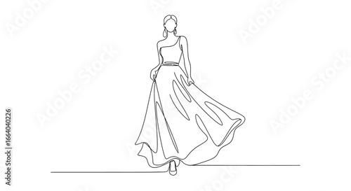 Elegant minimalist line drawing of a woman in a flowing gown with simple aesthetics