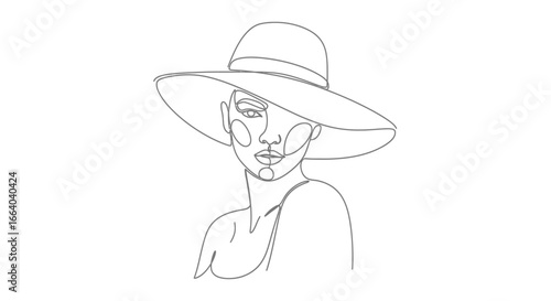 Elegant single line drawing of a woman with a stylish hat radiating sophistication and artistic