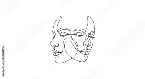 Continuous line portrait of two faces intertwined evokes introspection and duality
