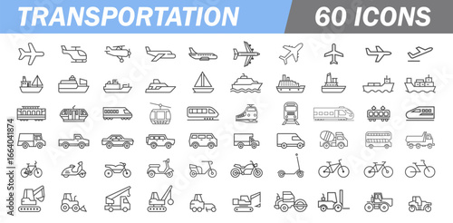 Transport thin line icon set. Vehicle icons. A collection of editable stroke icons for transport. In a modern thin line style, types of transport icons: heavy equipment, trains, helicopters, buses, sh