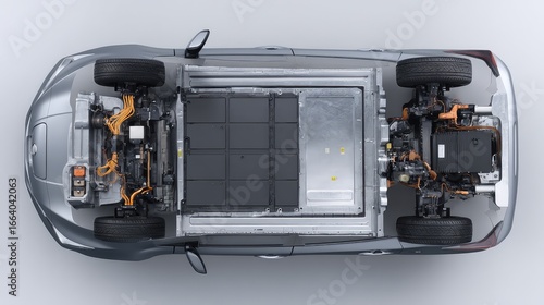 3D Render of an Electric Car Chassis, Highlighting the Battery Pack and Internal Mechanical Structure, Emphasizing Environmental Protection and High Technology.