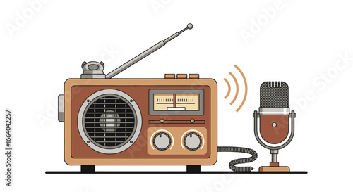 Vintage broadcast illustration with classic radio and microphone for audio production