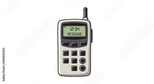Cartoon illustration of an early mobile phone design displaying a message at 12:34