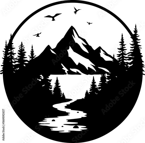 mountain landscape vector illustration, tree, winter, vector, illustration, holiday, snow, forest, celebration, star, tree, xmas, card, decoration, trees, season, fir, nature, landscape, design, new y