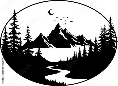 mountain landscape vector illustration, tree, winter, vector, illustration, holiday, snow, forest, celebration, star, tree, xmas, card, decoration, trees, season, fir, nature, landscape, design, new y