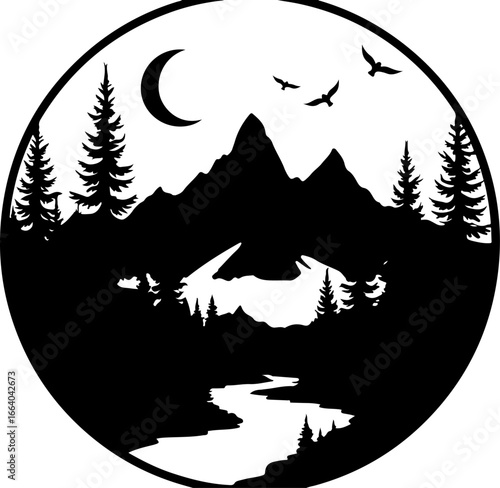 mountain landscape vector illustration, tree, winter, vector, illustration, holiday, snow, forest, celebration, star, tree, xmas, card, decoration, trees, season, fir, nature, landscape, design, new y