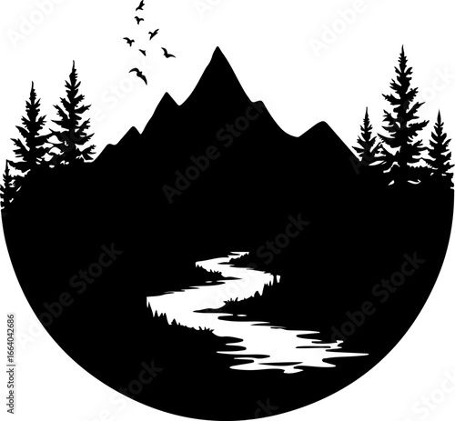 mountain landscape vector illustration, tree, winter, vector, illustration, holiday, snow, forest, celebration, star, tree, xmas, card, decoration, trees, season, fir, nature, landscape, design, new y