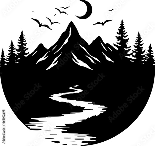 mountain landscape vector illustration, tree, winter, vector, illustration, holiday, snow, forest, celebration, star, tree, xmas, card, decoration, trees, season, fir, nature, landscape, design, new y