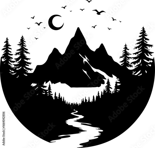 mountain landscape vector illustration, tree, winter, vector, illustration, holiday, snow, forest, celebration, star, tree, xmas, card, decoration, trees, season, fir, nature, landscape, design, new y