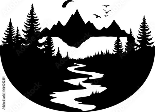 mountain landscape vector illustration, tree, winter, vector, illustration, holiday, snow, forest, celebration, star, tree, xmas, card, decoration, trees, season, fir, nature, landscape, design, new y